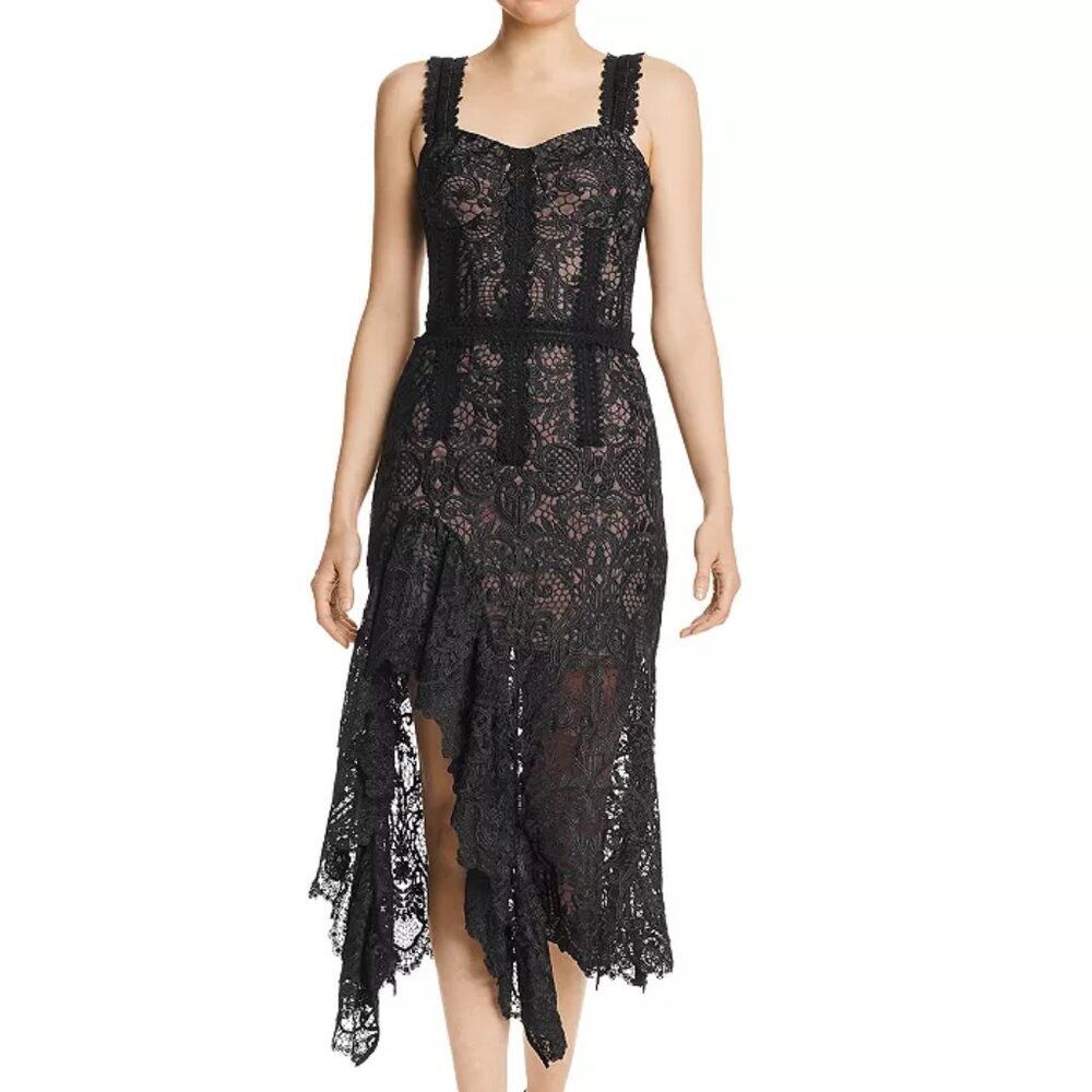 Bronx & Banco Tiffany Lace Midi Dress Sweetheart Ruffle Luxe Black Corset Gown M